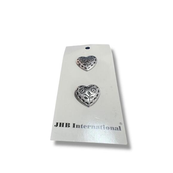 Vintage JBH Heart Shaped Metal Buttons โ Lot of 2 โ Floral Embossed Silver Tone - Picture 2 of 4